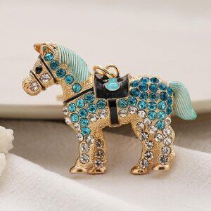 Blue Rhinestone Horse Keychain Bag Charm Gold Toned New
